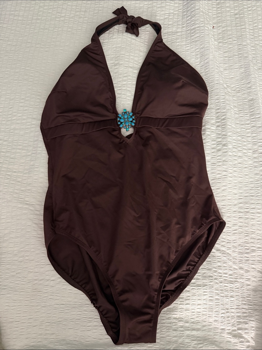 Magicsuit Chocolate Brown Halter One-Piece with Turquoise Jewel
